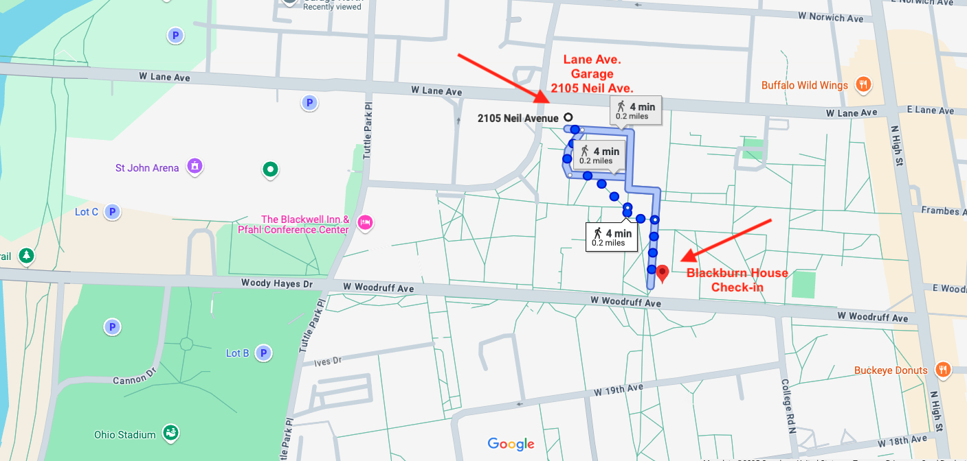 Map from Lane Ave Garage to Blackburn House