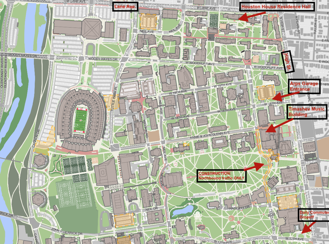 Map showing key camp locations for Marching Band Clinic 2026