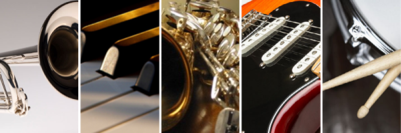 Collage of 5 jazz band instruments