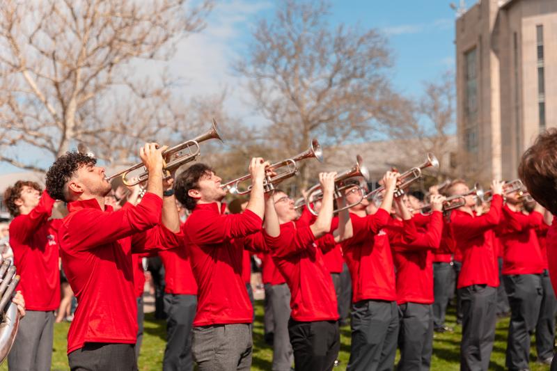 Athletic Band trumpet and cornet players perform at Spring Game