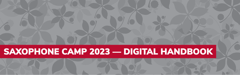 Gray buckeye leaves background with red text heading for Saxophone Camp 2023 Digital Handbook