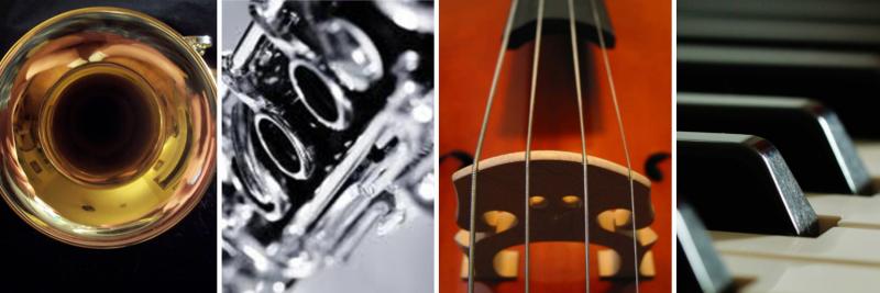 Collage of studio instruments - trumpet, clarinet, cello, piano