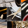 Collage of 5 jazz band instruments