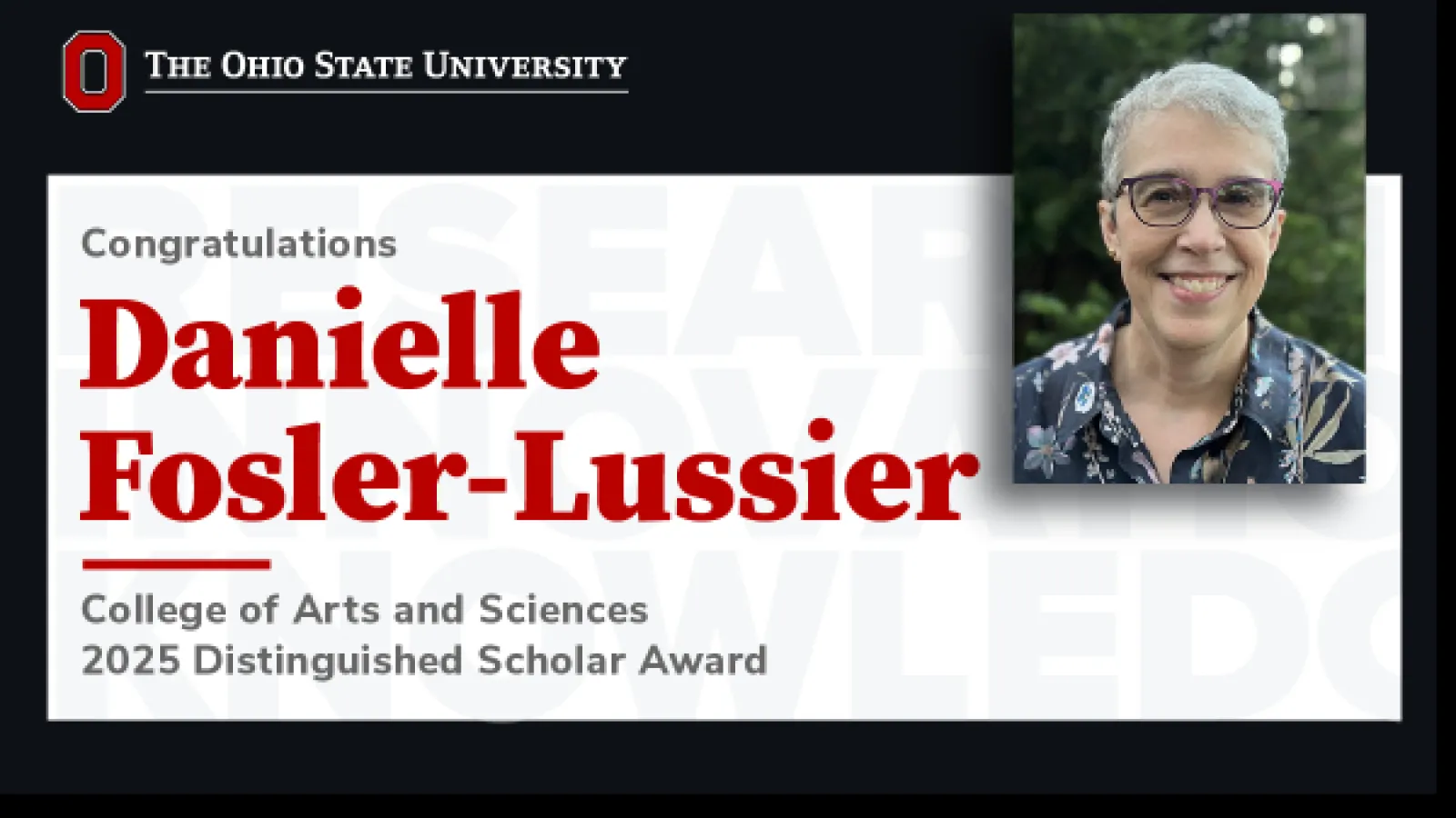 Danielle Fosler-Lussier's headshot with announcement of her award