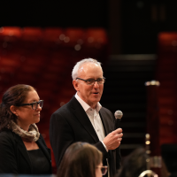 David Horn, Dean of Arts and Sciences, speaks to the band