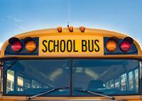 Front window of a yellow school bus