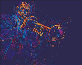 Stylized graphic of jazz trumpet player