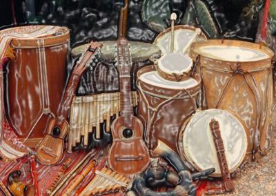 Variety of global percussion, string and wind instruments
