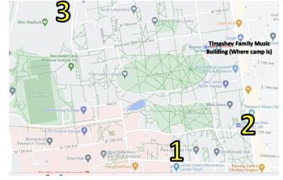 Campus map showing three locations for parents to pick up students at the end of the day. Ohio Union South loop, Ohio Stadium and Jesse Owens Recreation South  