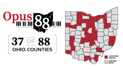 Map of Ohio showing 37 of 88 counties marked as red to indicate visited