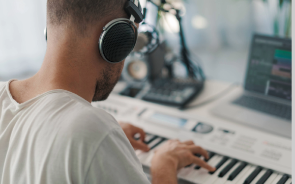Guy at keyboard with headphones and computer