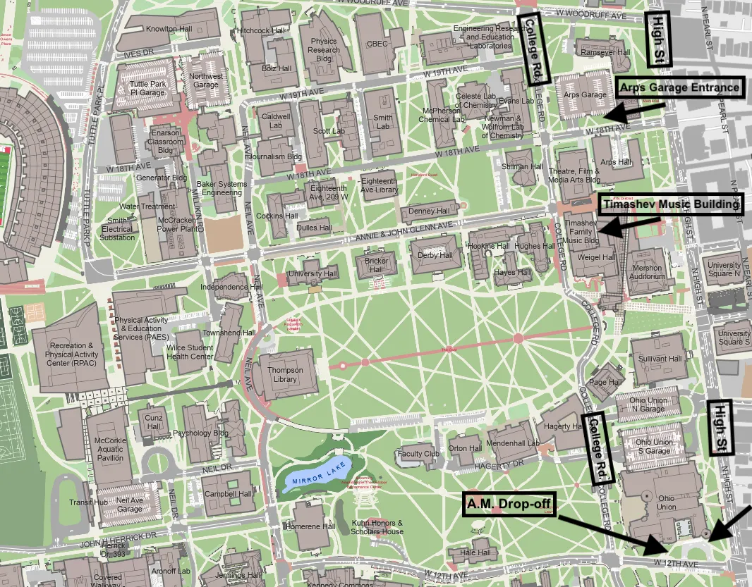 Map showing key Middle School Concert Band Academy locations