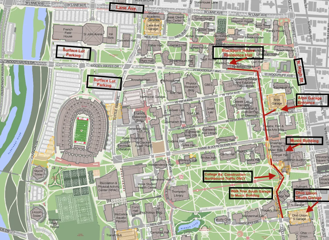Map showing key locations for String Teacher Workshop attendees