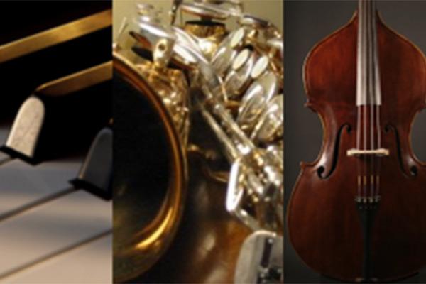 Collage of instruments - piano, saxophone, bass