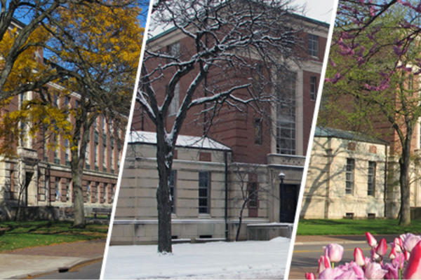 Hughes Hall in fall, winter and spring