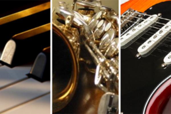 Collage of jazz instruments