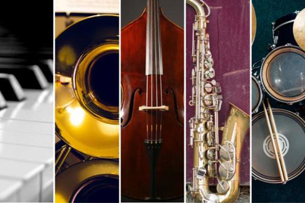 Jazz band instruments photo collage