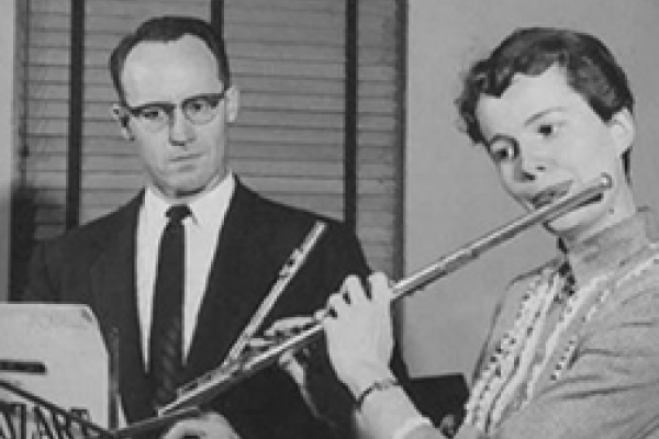 Kay in flute studio with Donald McGinnis (1958)