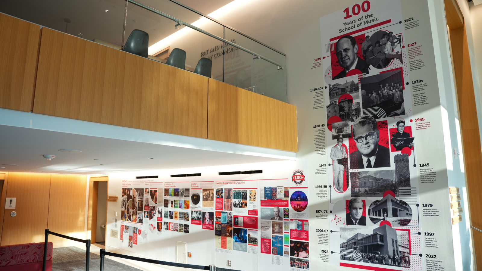 Wall with photo mural depicting 100 years of the School of Music