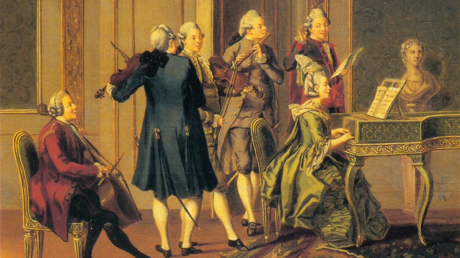 Period painting of musicians in Baroque-style attire playing instruments