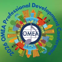 Green round graphic with multi-colored buildings in a circle aroud the OMEA logo