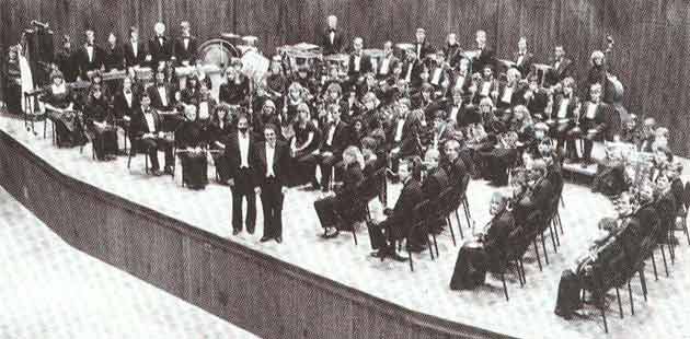 Harvey Benstein (L), Craig Kirchhoff (R), and the Concert Band, before the Carnegie Tour, 1985.